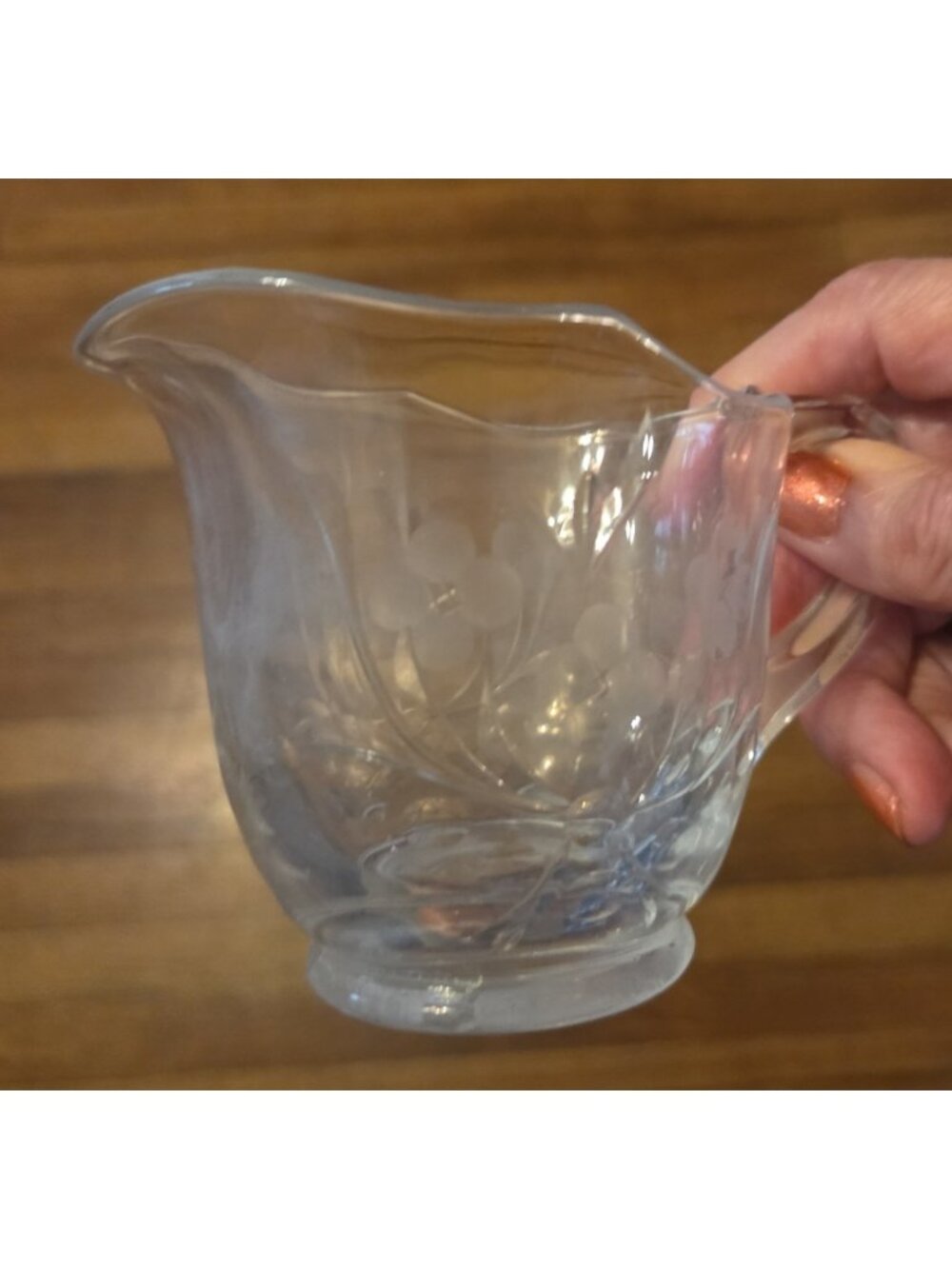 Vintage Clear Etched Glass Creamer Pitcher EUC MCM Mid Century Cottagecore
